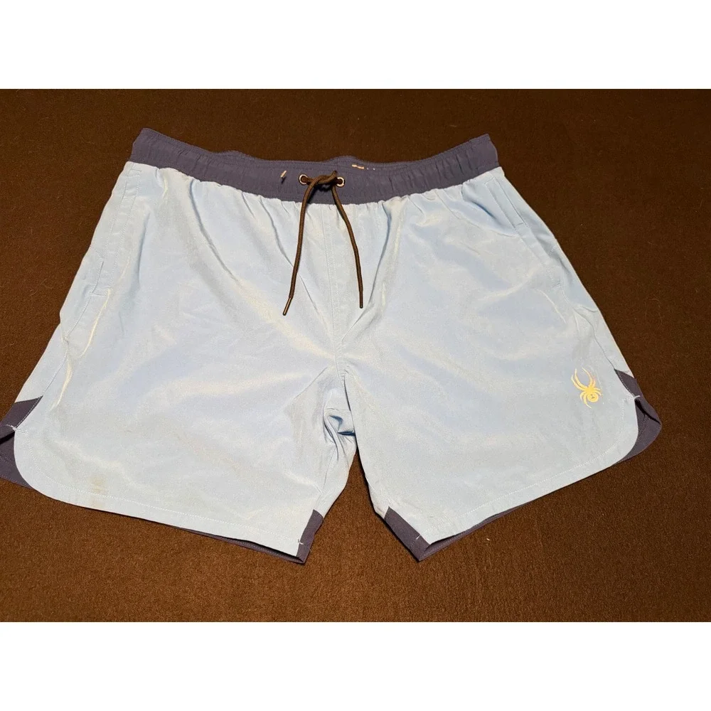 Spyder Swim Mens XL Board Shorts Light Blue Navy Blue Lined Swim Trunks Pockets